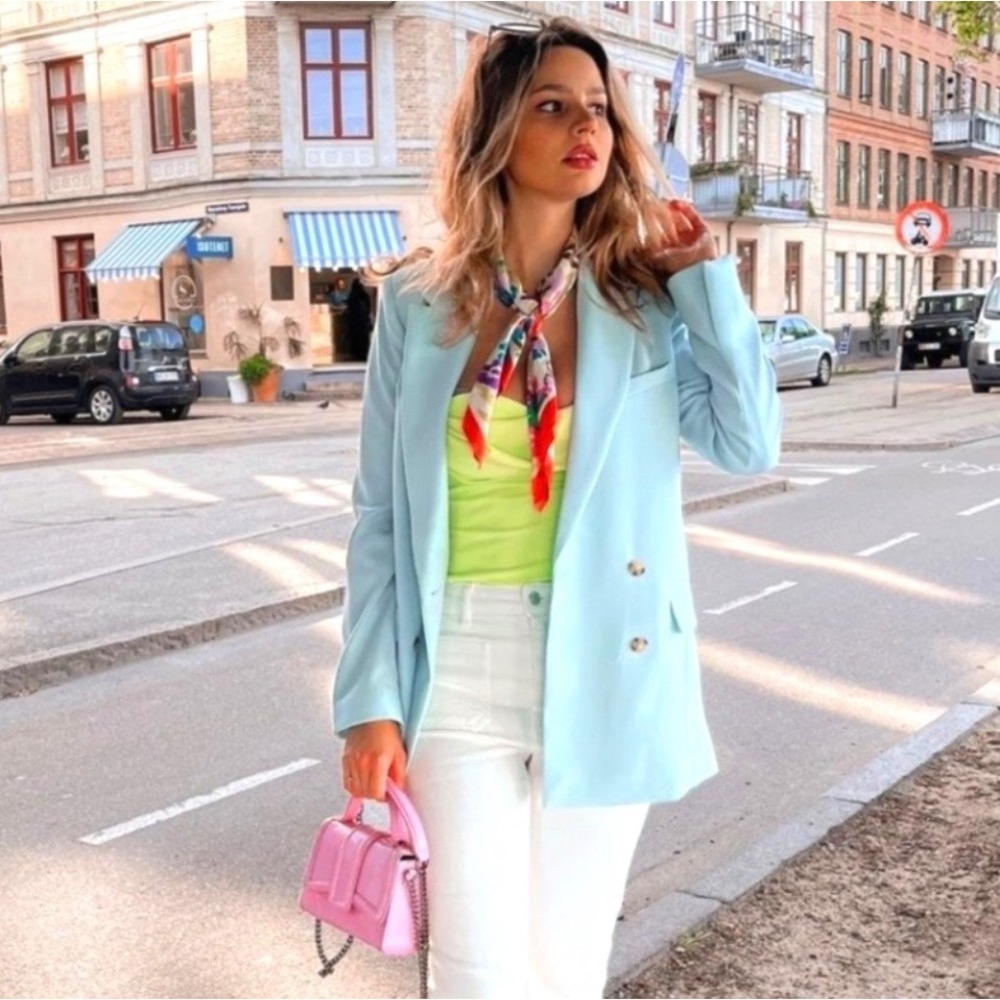 Zara Womens‎ Light Blue Flowy Double Breasted Blazer Size Medium